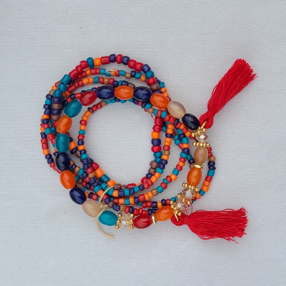 Stretch Bracelets Set Of 6 Red Orange Blue Tassel Bohemian Lightweight Casual
